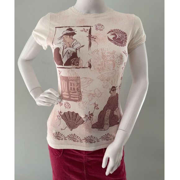 Vintage Y2k Asian Art Print Fitted Tee Cream Burgundy Unique Graphic Top size M - Picture 3 of 6